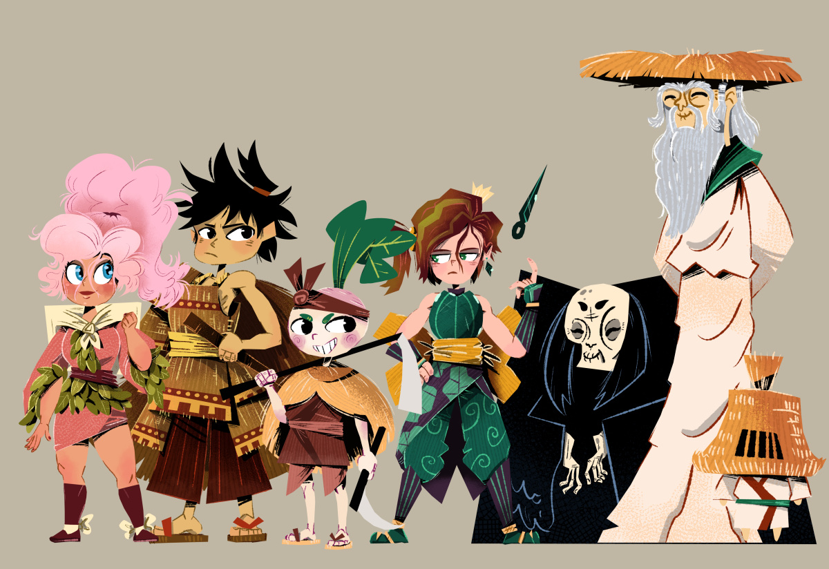 The cast line-up: Ume, Matsu, Kabu, Kabocha, the Crow Witch, Kinoko and one of his mushroom minions. Character designs by Angel Revuelta.