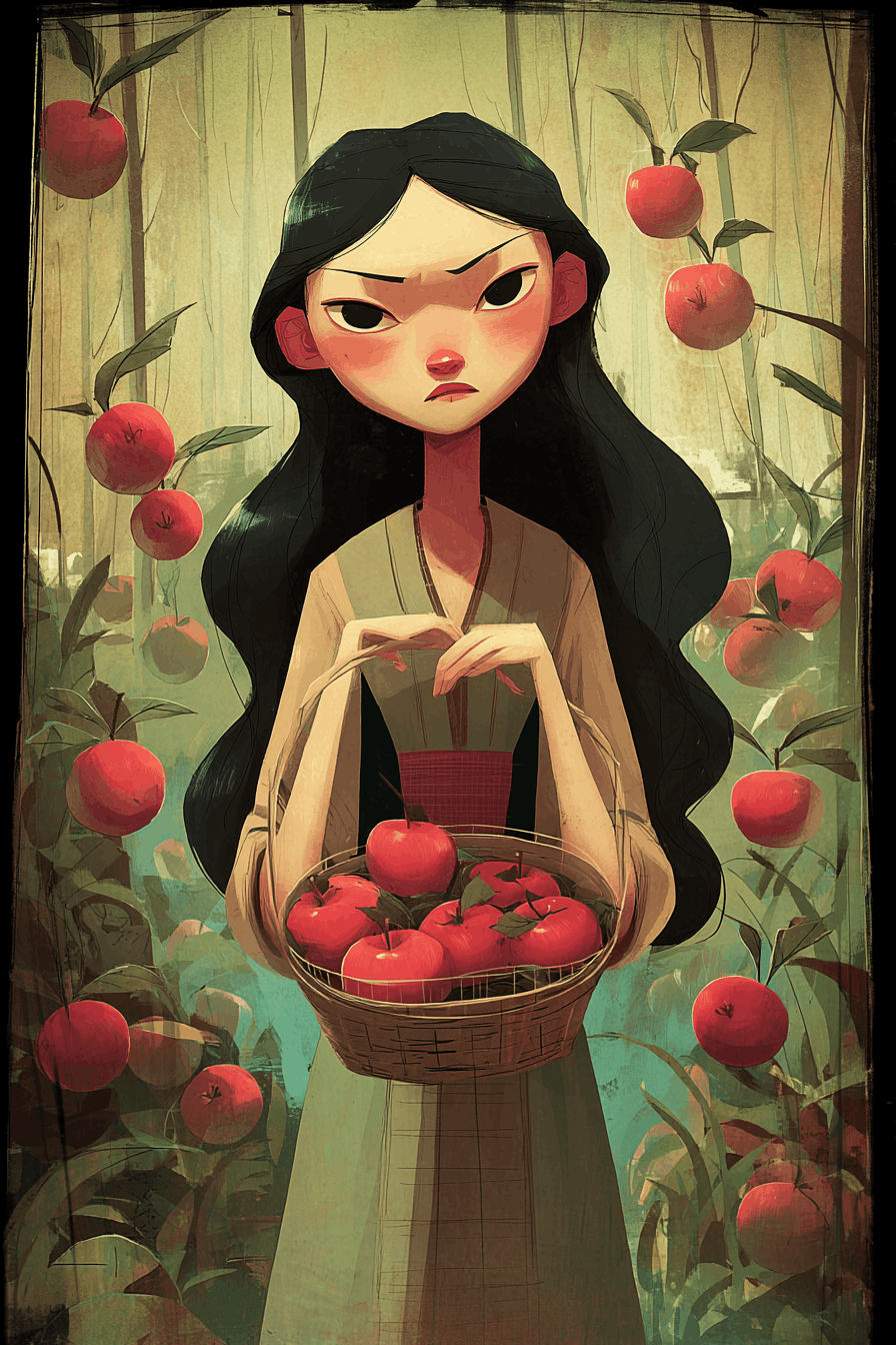 Akane the orchard girl smiling with arms open at Usokashi's Lantern Festival, her shadow stretched sharp and wrong behind her