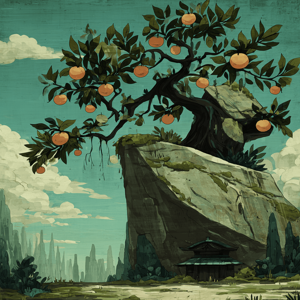 The withered Mikan tree at the center of Menpaku's noodle-steamed square, Mugimichi-sama pressing his hands to its bark as faint mandarins glow in the branches