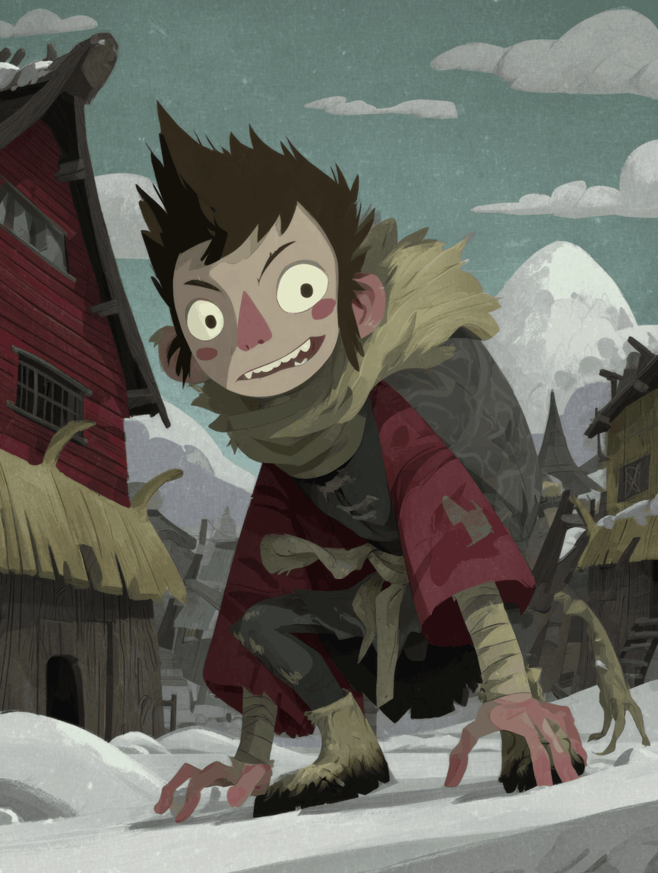 Saru, Momotaro's monkey-patterned companion and the hidden rice demon, sitting alone on a stone wall watching Momotaro's silhouette from the terraced rice paddies