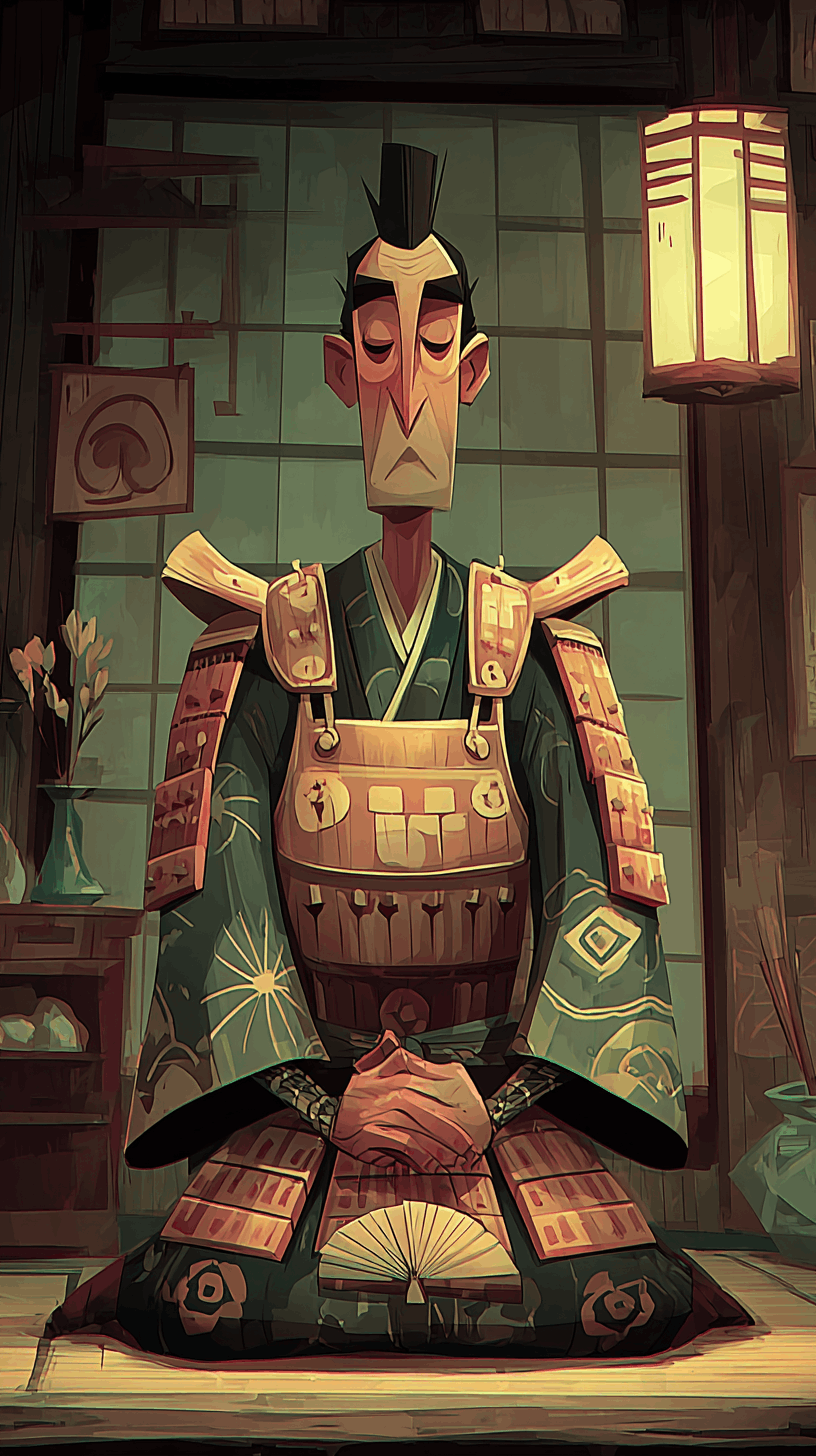 Lord Hiroaki in full samurai regalia, rigid and formal, Futamen castle looming behind him on the Fuku side of the river