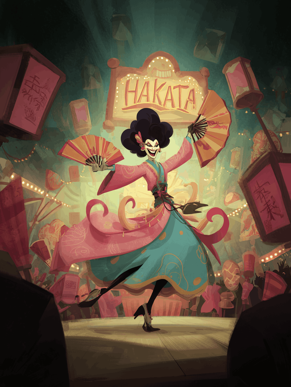 The Hakata revue in mid-performance, dancers in robes and fans under festival lights — Hiroaki's hidden second life on the far bank