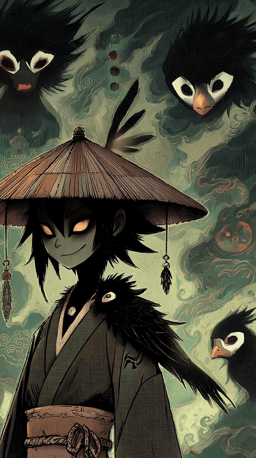 Kabocha facing the team in Furumi's crow-haunted village square, her silhouette sharp and wrong, the Crow Witch watching from the treeline